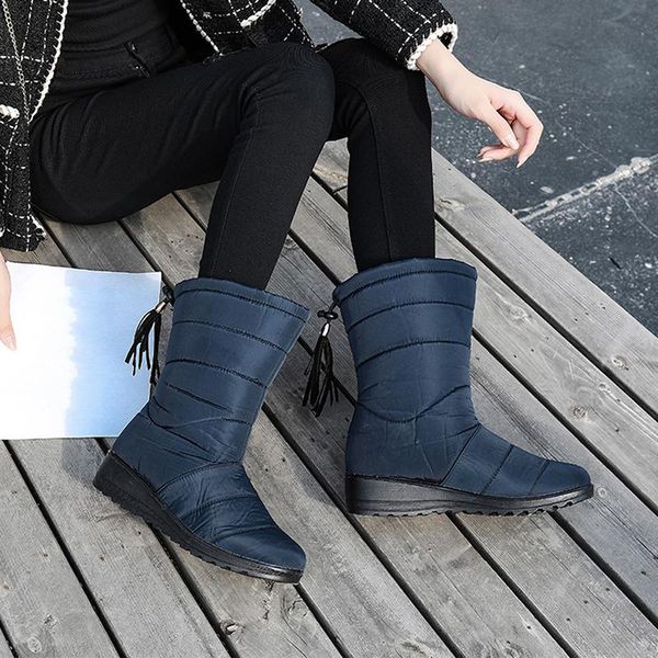 

boots snow women striped casual female mid calf ladies fringe shoes winter warm waterproof, Black