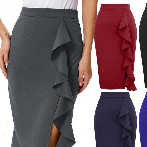 

business women skirts ladies women summer ruffle split front hips wrapped solid knee slim office pencil skirt, Black
