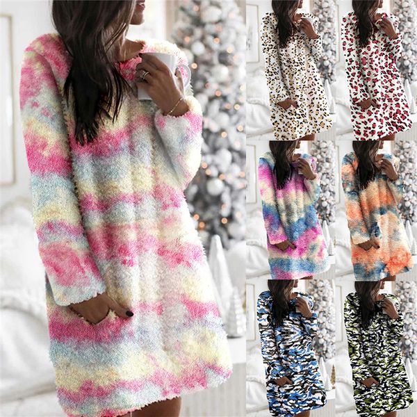 

2021 new autumn winter plush women casual soft o-neck long sleeve pockets loose leopard tie-dye print mini party es nt5z, Black;gray