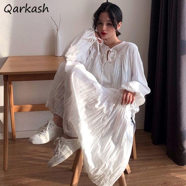 

casual dresses dress women folds japanese style lazy loose simple solid color comfortable lantern sleeve o-neck female leisure street, Black;gray