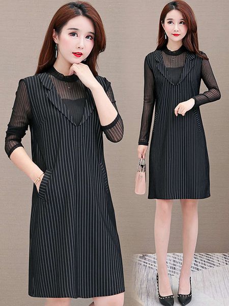 

autumn 2021 new women's wear fake two long sleeve striped fashion temperament hollow splicing professional dress, Black;gray