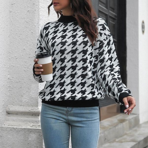 

women's sweaters casual long sleeve office lady pullover winter loose jumper streetwear fall women houndstooth half high collar knit s, White;black