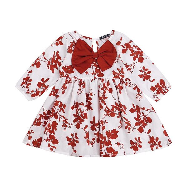 

girl's dresses autumn spring 9m-5t kids girls dress floral print o-neck long sleeve cute princess sweet with bowknot for children toddl, Red;yellow