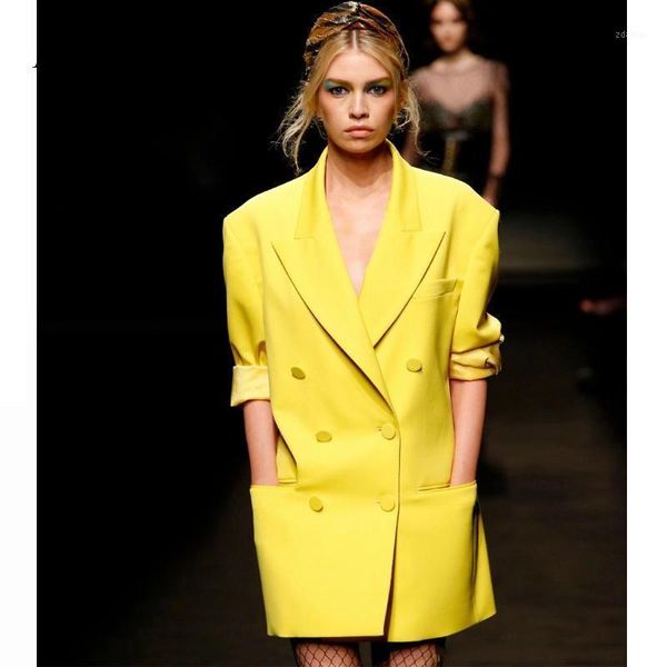 

women's suits & blazers women elegant solid long sleeve double breasted pockets jacket casual female chic lady office work suit yellow, White;black