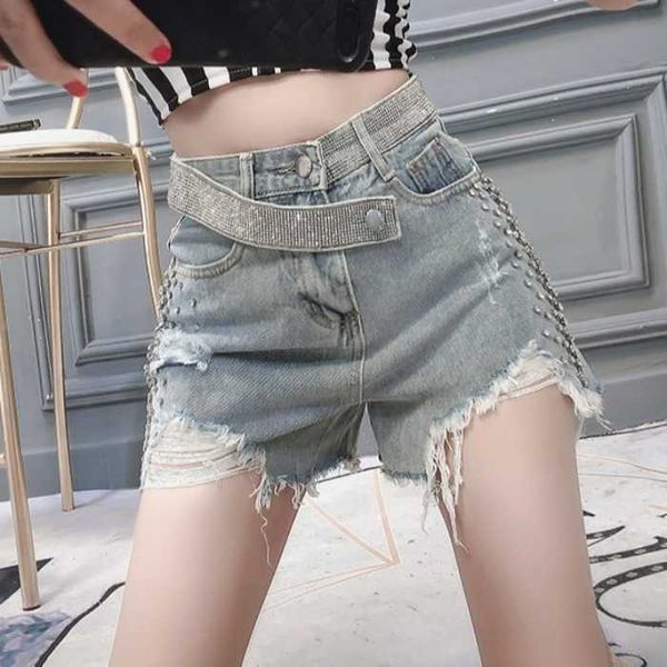 

women's shorts ripped summer korean of the high waist heavy industry wide leg denim shorts women's asms, White;black
