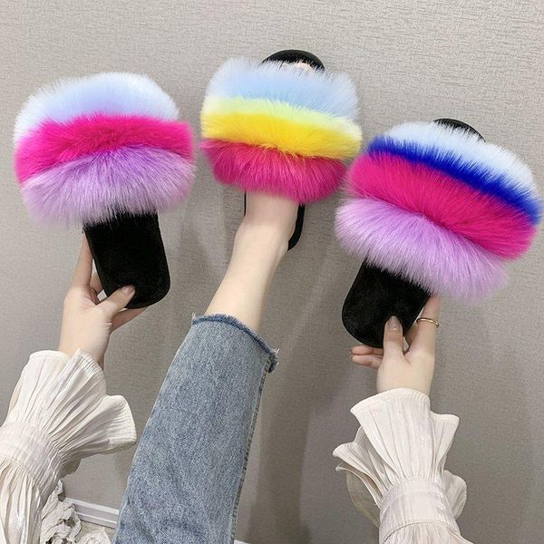 

slippers fur winter women home fluffy sliders comfort furry flats ladies shoes colorful female indoor flip flops 2021, Black