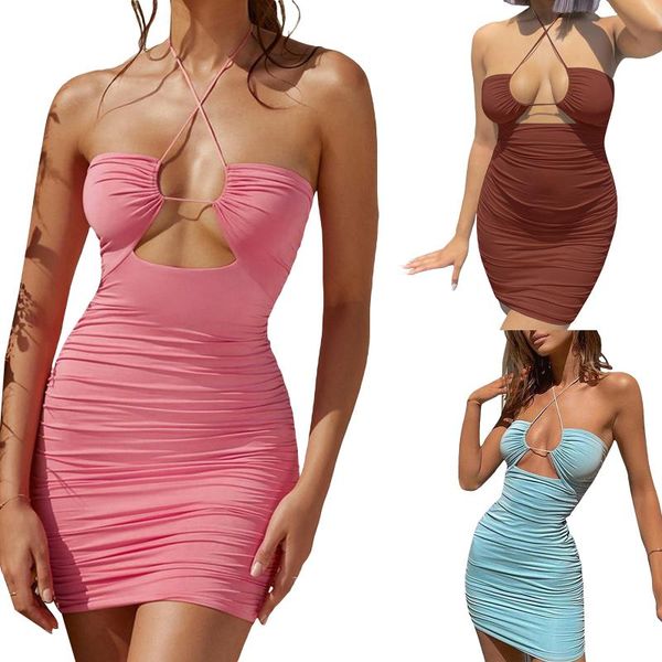 

one-piece suits women close-fitting solid color halter neck sleeveless hollow out dress, brown/ blue/ pink