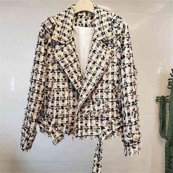 

lady unique button long sleeve design fashion tweed jacket businesswomen locomotive formal short coat 210603, Black;brown