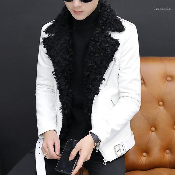 

men's autumn and winter faux fur leather jacket oblique zipper personality lapel &, Black