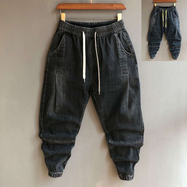 

autumn and winter new men's casual corset capris jeans men's trendy brand elastic waist loose leg harem pants, Blue