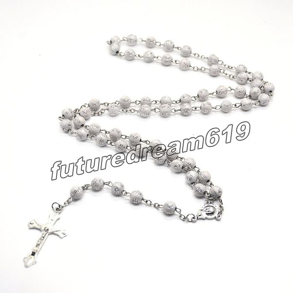 Cross grânulos de plástico Jesus Pingente Rosário Colar Longa Jóias de Oração Religiosa para Homens Mulheres