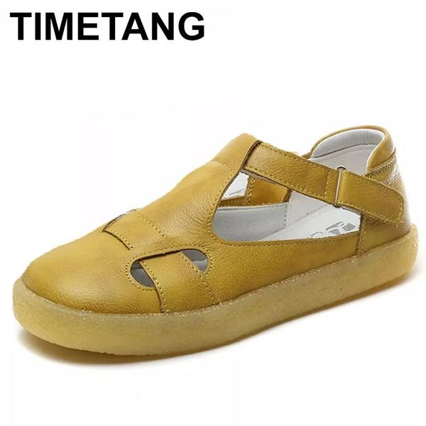 

sandals timetang genuine leather shoes woman hollow out female casual flat with ladies shoe sandalias de mujer verano, Black