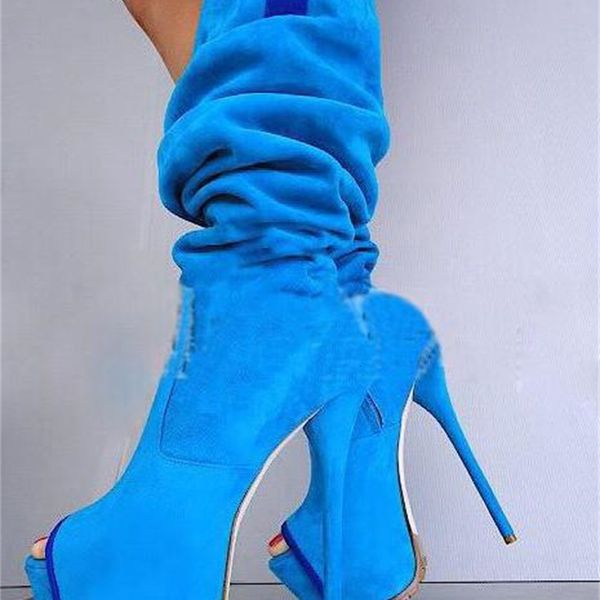 

boots spring mode blue/rose leather women camuroza peep toe knee high platform chevalier ladies 16 in heel 9x5l, Black