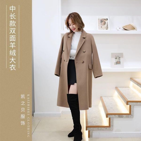 

women's wool & blends autumn and winter 2021 double-sided cashmere coat medium long double breasted suit collar camel, Black