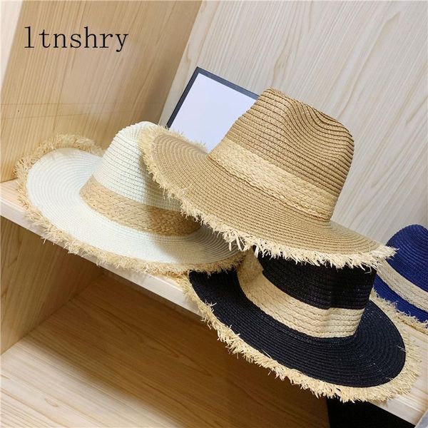 

wide brim hats 2021 summer women's sun hat side jazz cap tassel fashion floppy foldable ladies women straw beach seaside holiday, Blue;gray