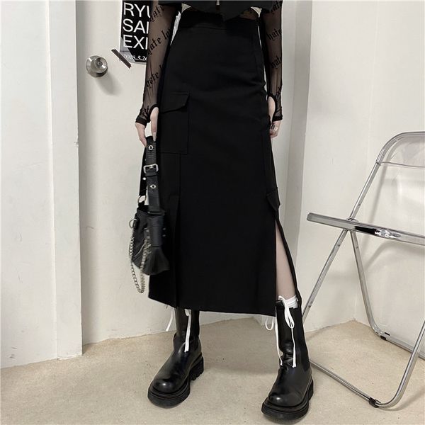 

harajuku vintage black long skirt goth punk high waist slit skirts women streetwear big pocket outfits skirt autumn 2021