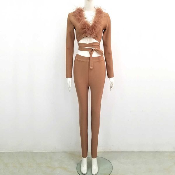 

female brown feather bandage 2 two piece set long sleeve v neck cover club celebrity party vestidos 210527, White