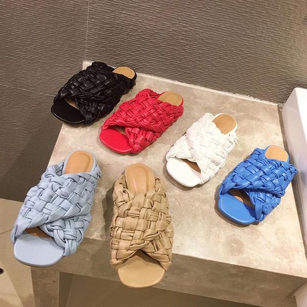 

slippers 2021 summer brand weave pu leather flat women outdoor casual open toe beach flip flops woman plus size sandals, Black