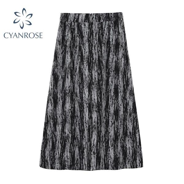 

skirts tie dye printed skirt women spring 2021 hem split high waist woolen y2k retro elegant casual mid-calf ulzzang streetwear, Black