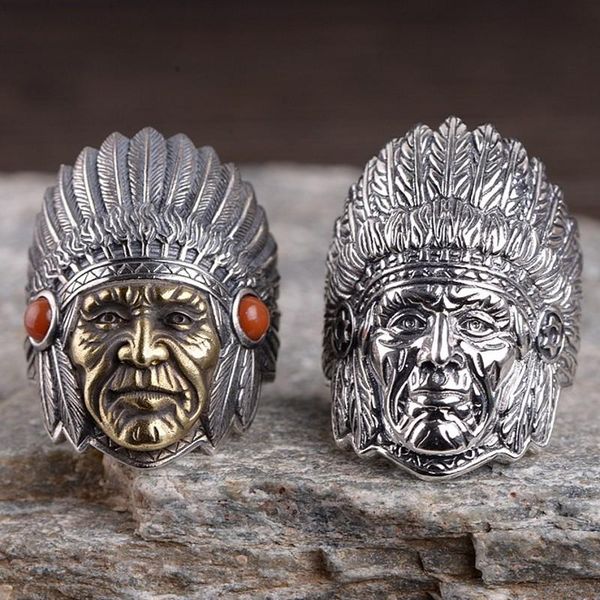 

cluster rings 925 sterling silver accessories vintage thai craft ring for man chief portrait head man's jewelry, Golden;silver