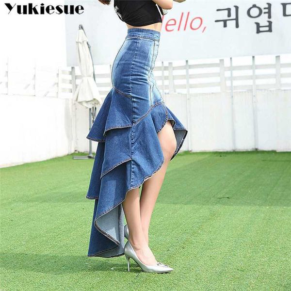 Lady Long Denim Skirt Vita alta Gradient Nappa Jeans Tromba Cool Fish Tail Mermaid Bohemian Maxi Gonne gonne a sirena femminile 210608