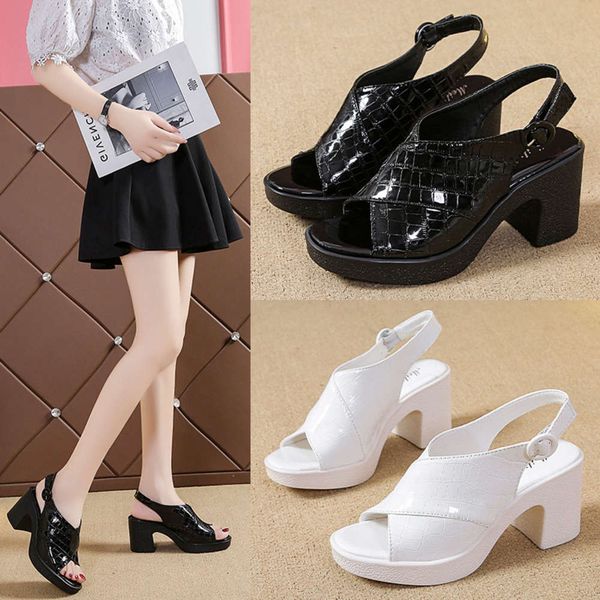 

roman sandals women's summer thick heel high-heeled fish mouth open toe, Black