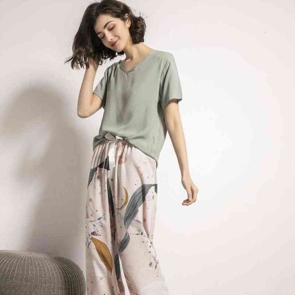 

summer v neck big women sleepwear leaf printed pajamas suit cotton silk simple style loose soft homewear, Black;red