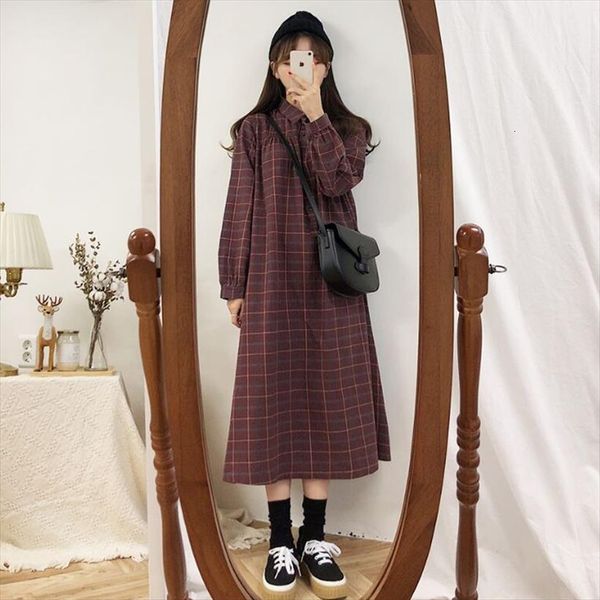 

long sleeve plaid vintage korean women dress style ulzzang simple school loose all match casual fashion daily, Black;gray