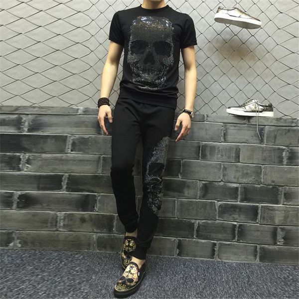 

men's tracksuits high-quality sportswear t-shirt+trousers leisure 2-piece spring fashion drilling skull sports jogging suit, Gray