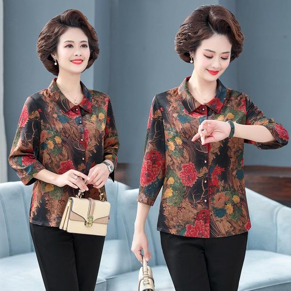 

women's blouses & shirts aged and middle old mother's half sleeve shirt female 2021 grandma long floral chiffon 60 years, White