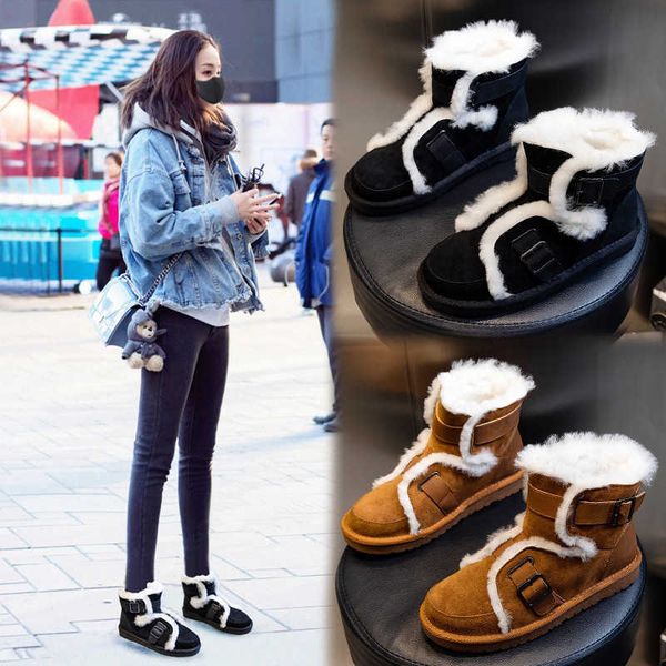 

wool integrated snow boots women's winter 2021 plush thickened flat bottomed middle tube cotton short motorcycle shoes