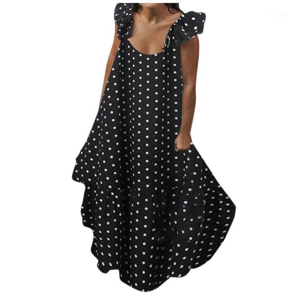 

bohe dress women polka print casual round neck sleeveless long women's beach tunics vestidos sundress swimwear, White;black