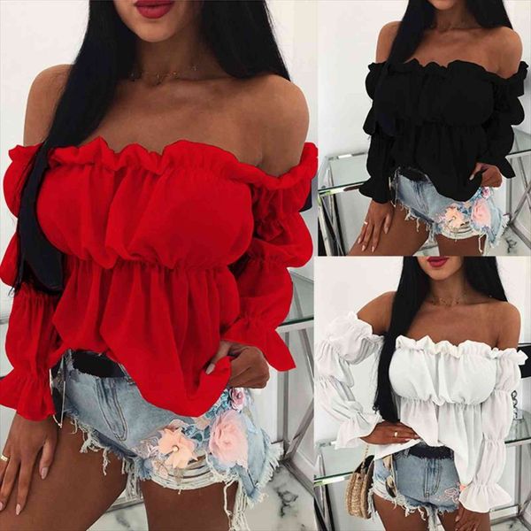 

and solid women shirts color off shoulder ruff sleeve long ruffled blouse, White
