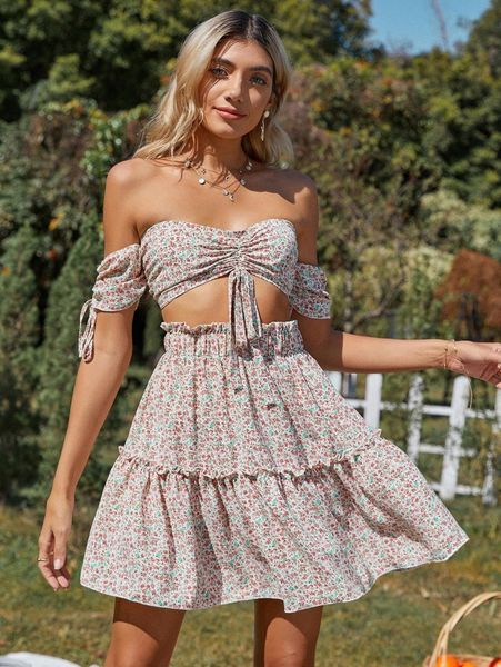 

ditsy floral print off shoulder drawstring crop & frill trim skirt w9ln#, White