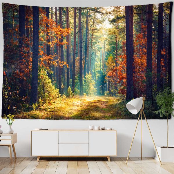 Sonnenlicht, schöner Wald, natürliche Landschaft, Wandteppich, Wandbehang, indischer Überwurf, Mandala, Hippie-Tagesdecke, böhmische Heimdekoration 210609