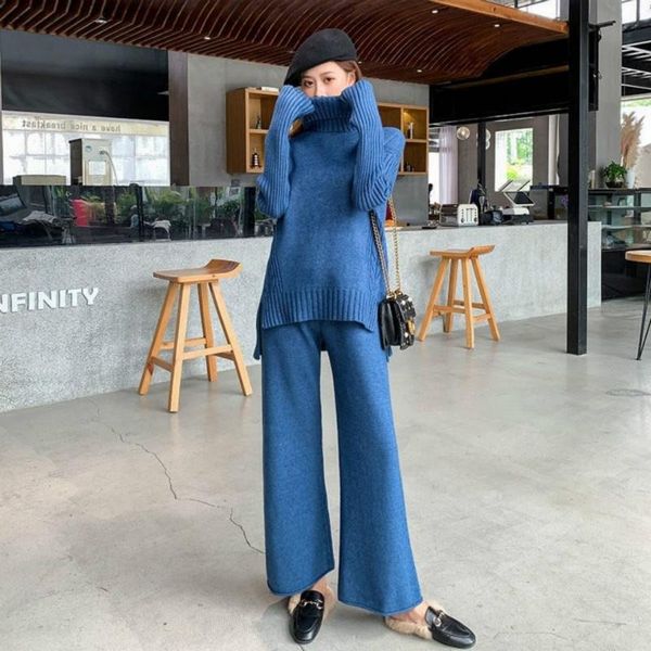

2021 women autumn winter elegant knit suit female turtleneck sweater + elastic wide leg pant set lady casual slim 2 pcs set i229, White