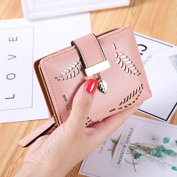 

wallets 2021 ladies korean short wallet zipper buckle hollow leaf small card holder, Red;black
