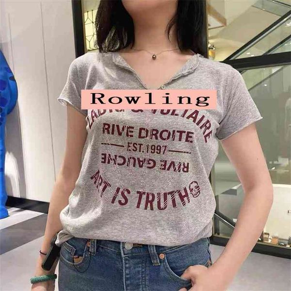 Rowling classico lettera grafica tee shirt donna manica corta girocollo collo grigio t-shirt in cotone casual casual accogliente magliette top 210722