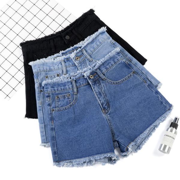

women's summer denim shorts mid waist grind holes blue black jean shorts for women girls fashion casual streetwear hot, White;black