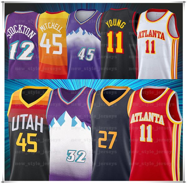 

young 11 trae ncaa donovan 45 mitchell gobert 27 rudy 12 john malone stockton karl utah jazz atlanta hawks basketball jerseys, Black;red