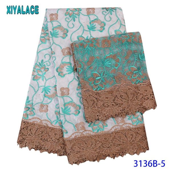 

ribbon 2021 selling african bazin fabric lace brode getzner cord with stones tulle set 5+2 yards ks3136b, Pink;blue