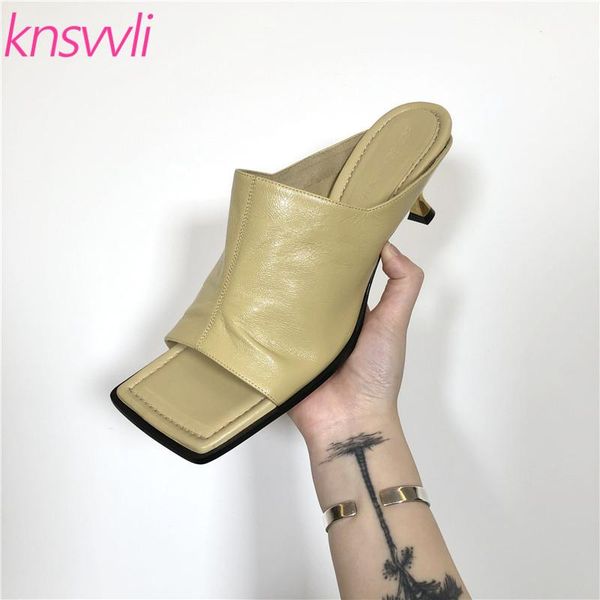 

slippers square toe crack pattern leather mules high heel women designer slides slip on shoes woman metal sandals, Black