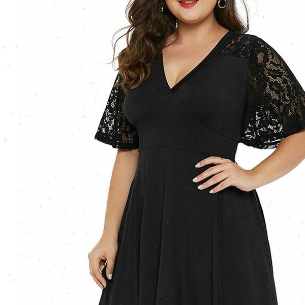 

plus size dress summer women for beach solid v neck summer for women short sleeve lace a line swing sundress female g6, Black;gray