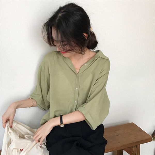 

summer korean version single womens shirts breasted v neck fashion medium long sleeve slim girl white