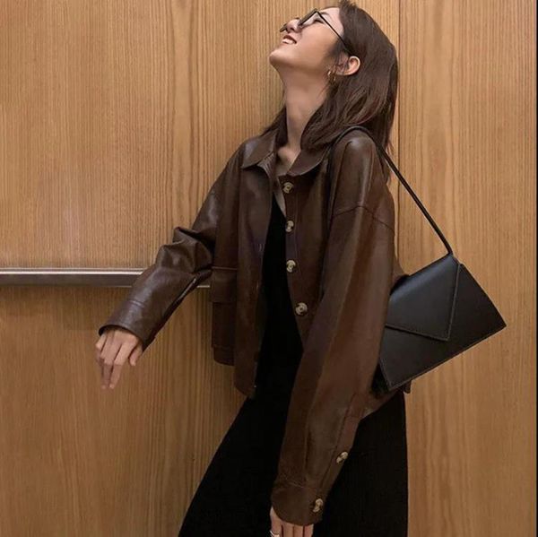 

women's jackets nic faux leather women winter autumn turndown collar long sleeve pu motorcycle biker loose female outerwear, Black;brown