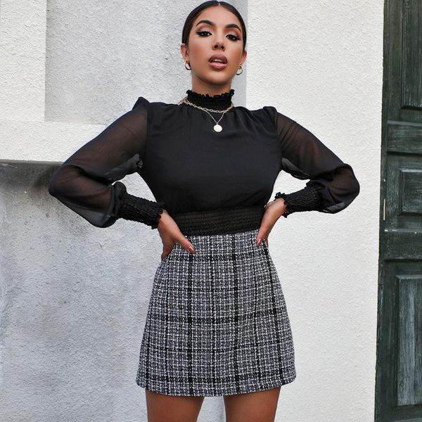 

skirts autumn winter skirt elegant women wind high waist slim plaid short mini warm woolen vintage a-line, Black