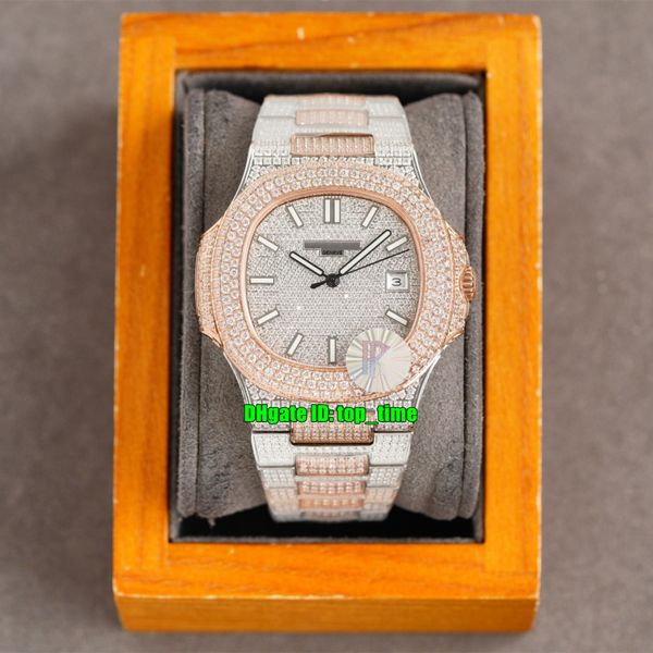 

7 styles watches rrf 40mm nautilus 5711 full diamonds cal.324 automatic mens watch pavÃ© diamond dial rose gold two-tone bracelet gents sport, Slivery;brown