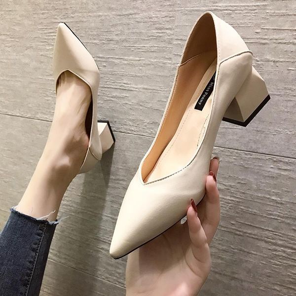 

dress shoes slhjc women casual leather med heel pointed toe slip on office work pumps shallow v mouth 5 cm, Black