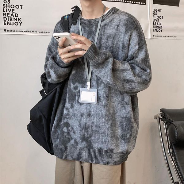

2021 spring new sweater men's tie-dye stitching round neck loose korean trend casual pullover top, White;black