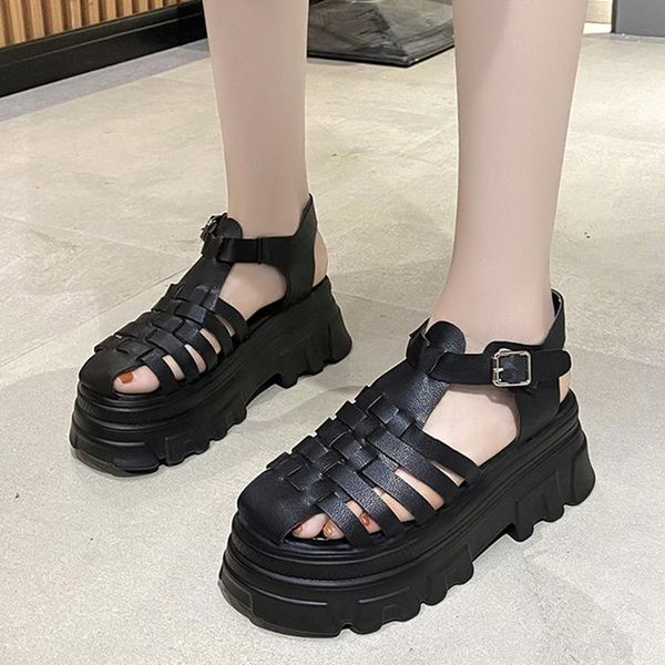 

dress shoes sandalias mujer high heels summer woman dropshiping thick sole hollow out gladiator sandals women pu leather platform, Black